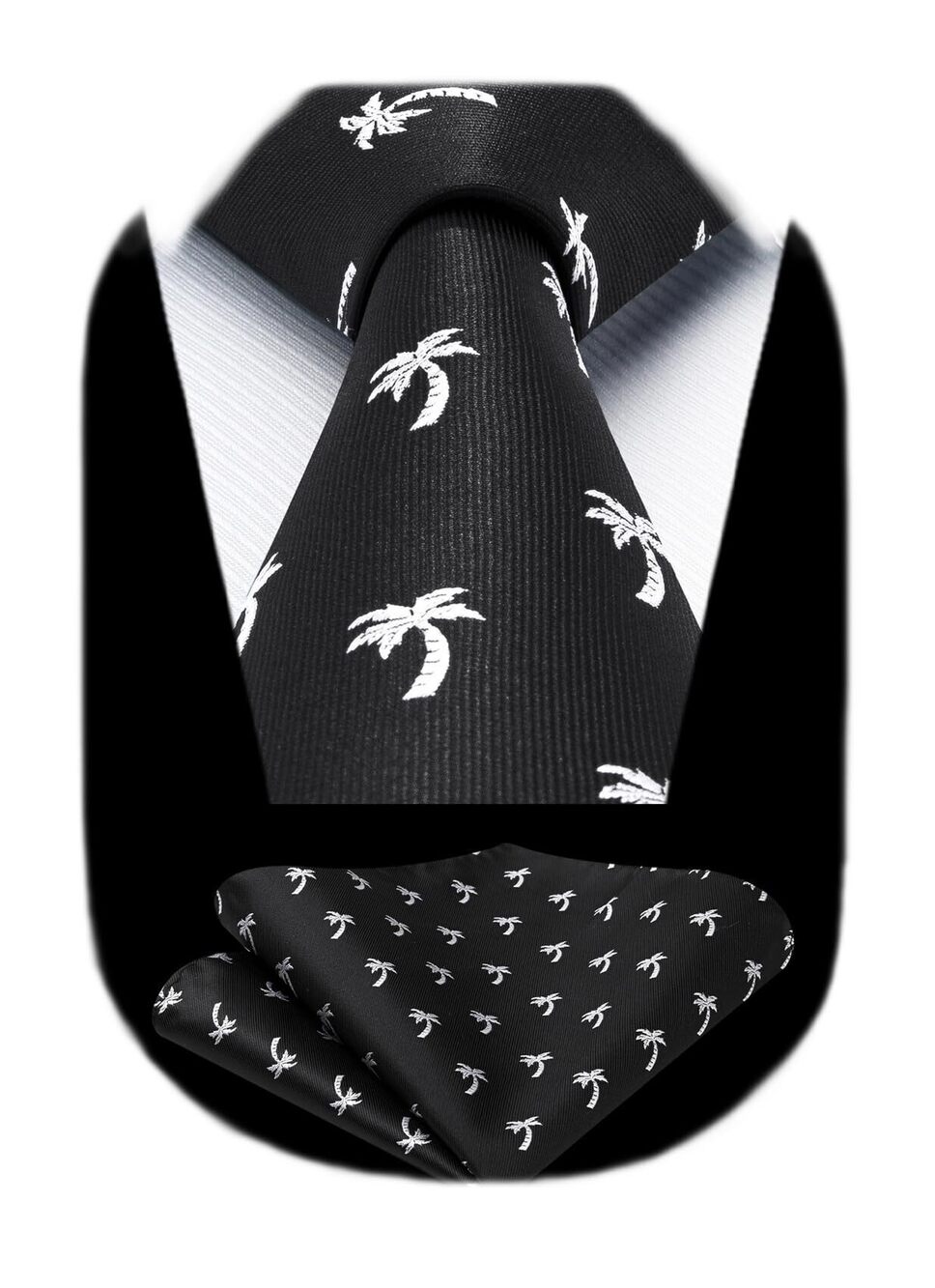 1260 Black Ties Classic Woven Jacquard Tie and Pocket Square Palm Tree